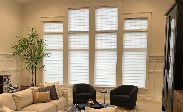 Bright living room with beige walls and large white blinds covering windows; a small tree in a corner, a beige sofa with pillows, two dark armchairs, a coffee table, and a tall cabinet on the right.