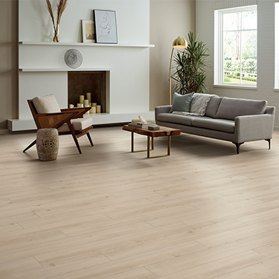 light toned hardwood flooring in Scandinavian-inspired living room